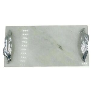 Rectangle Marble Tray with Silver Leaf Handles approx. 12 x 6 x 2 in